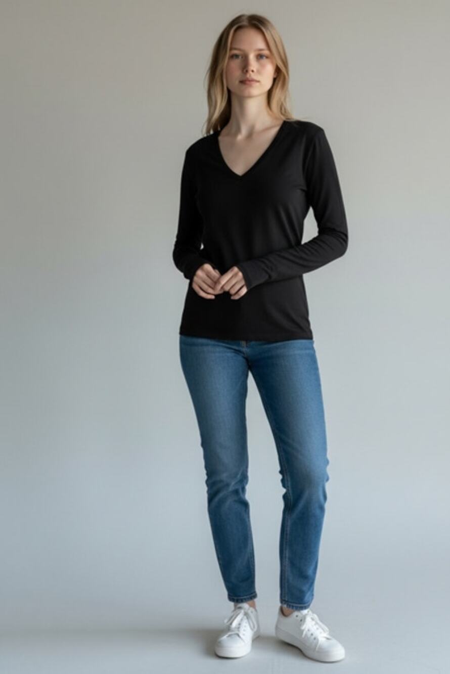 GAP Women's M Tall Black Supima Modal V-Neck Long Sleeve Stretch Top